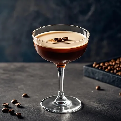 意式浓缩马天尼(Espresso Martini)，盛于冰镇的碟形香槟杯中，顶部覆盖着奶油般的泡沫，装饰有三颗咖啡豆，象征着健康、财富和幸福。